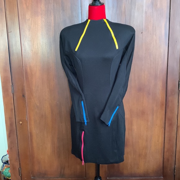 80s Black Knit Scuba Dress with Neon Zippers 4 - Picture 2 of 7